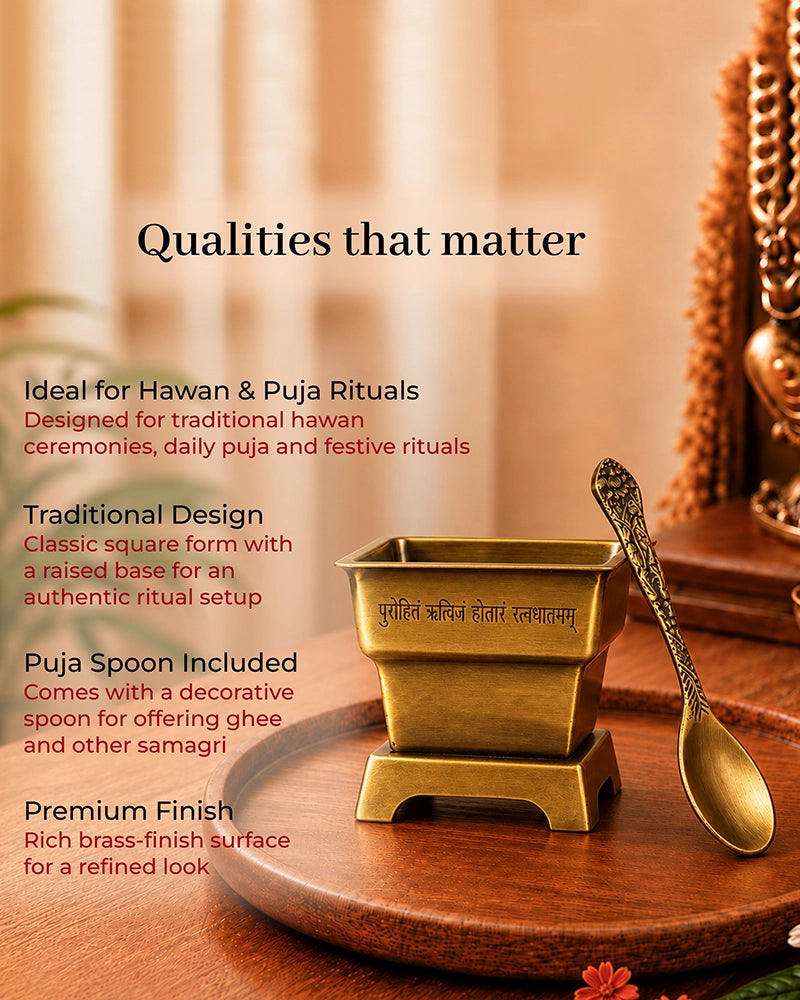100% Pure Brass Hawan Kund with Spoon for Pooja Hawan and Home Mandir