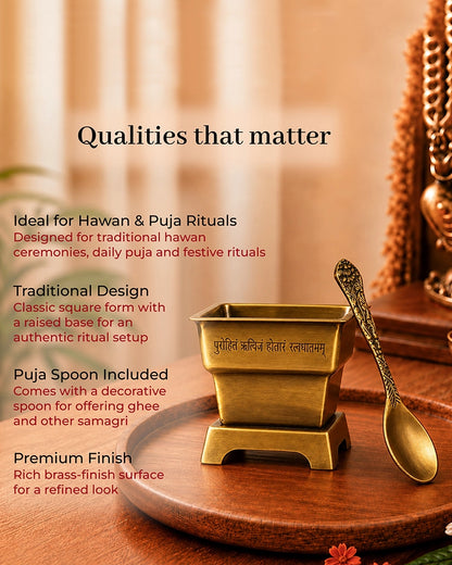 100% Pure Brass Hawan Kund with Spoon for Pooja Hawan and Home Mandir