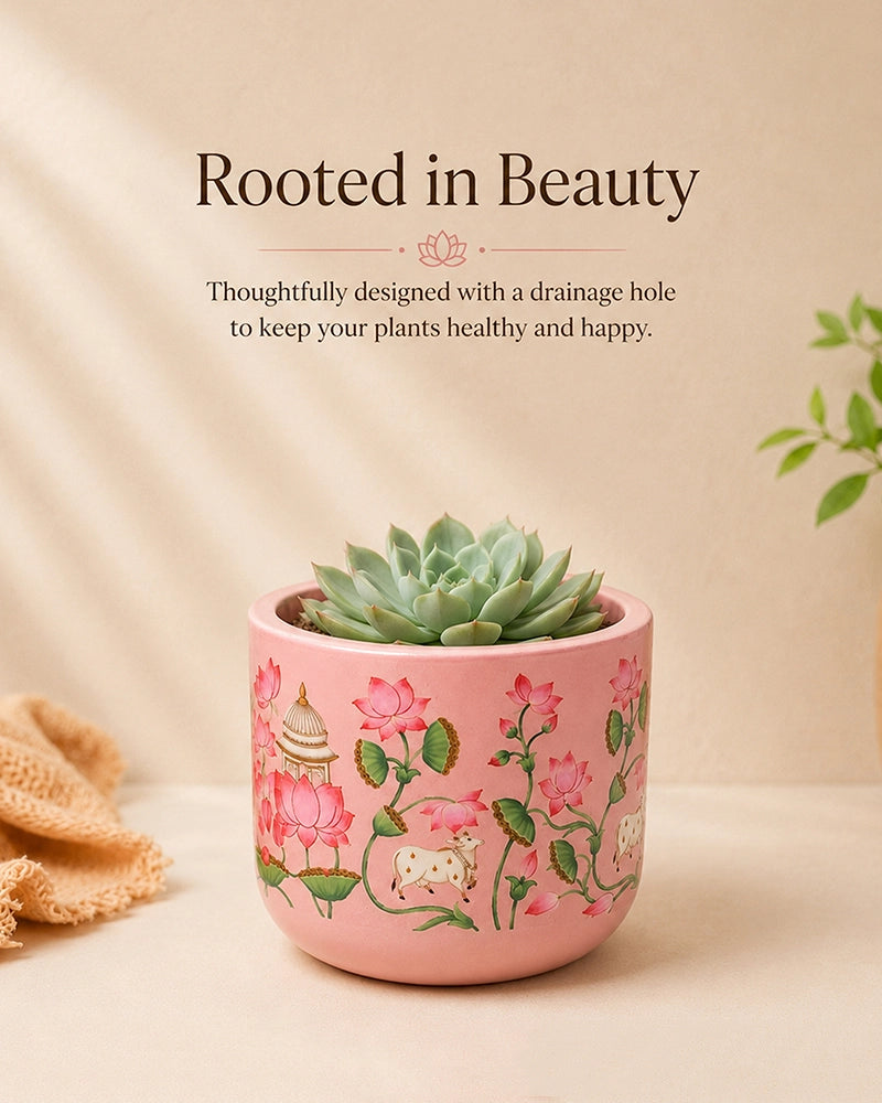 Pichwai Art Hand Painted Lotus Design Terracotta Plant Pot (Pink)