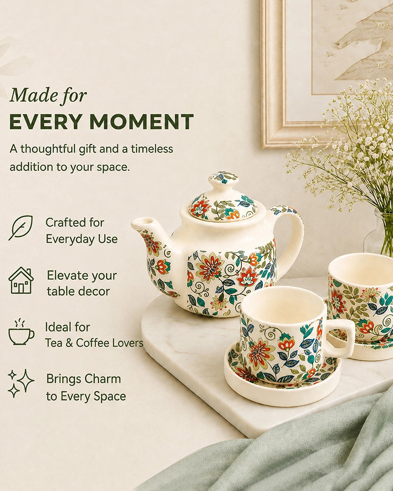Hand Painted Floral Ceramic Tea Pot Set with Cups Saucers