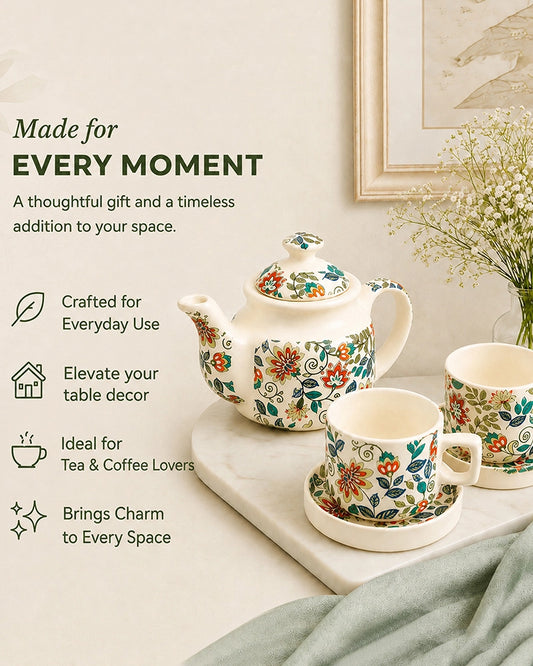 Hand Painted Floral Ceramic Tea Pot Set with Cup & Saucer