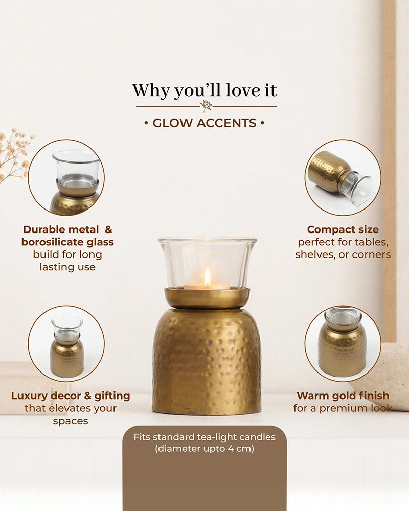 Hammered Metal Cylindrical Tea Light Holder with Glass for Home Decor