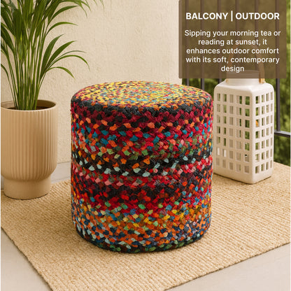 Handwoven Jute Round Pouffe in Multicolor for Living Room - Large