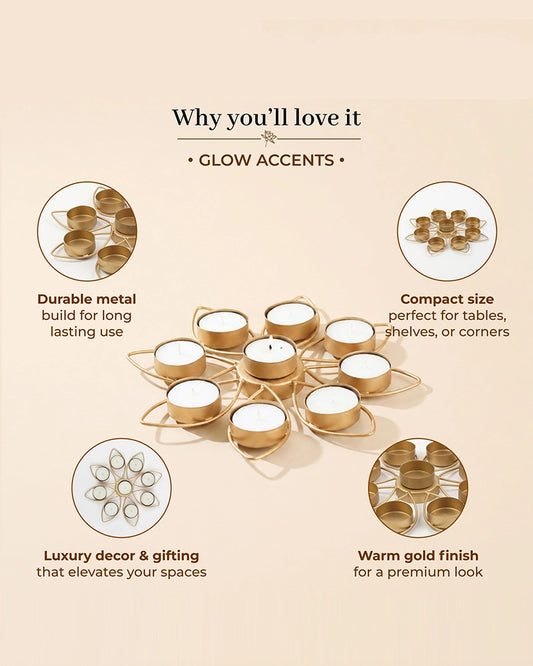 Gold Lotus Flower Tea Light Holder for Living Room and Pooja Room