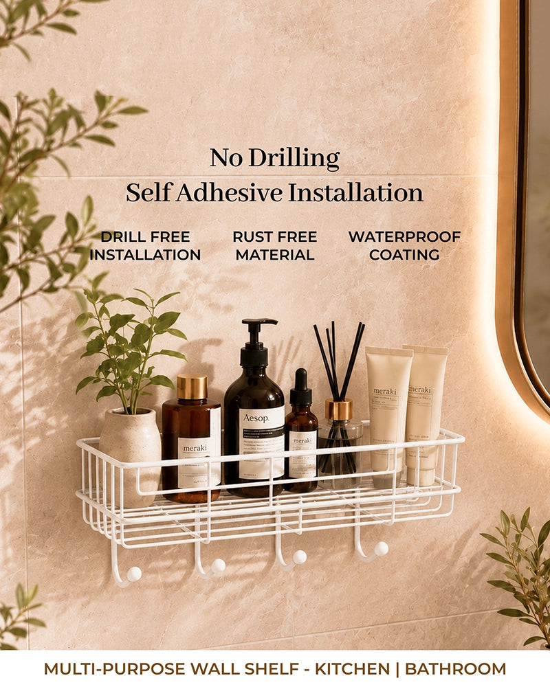Self Adhesive Metal Wall Shelf with 4 Hanging Hooks for Bathroom Accessories