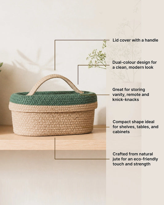 Handwoven Jute Basket with Lid for Desk Organization & Festive Gifting