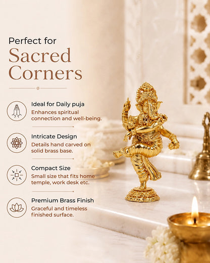 Handcrafted Dancing Brass Ganesha Idol (Gold)