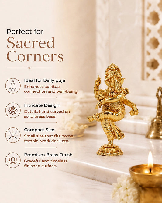 Handcrafted Dancing Brass Ganesha Idol (Gold)