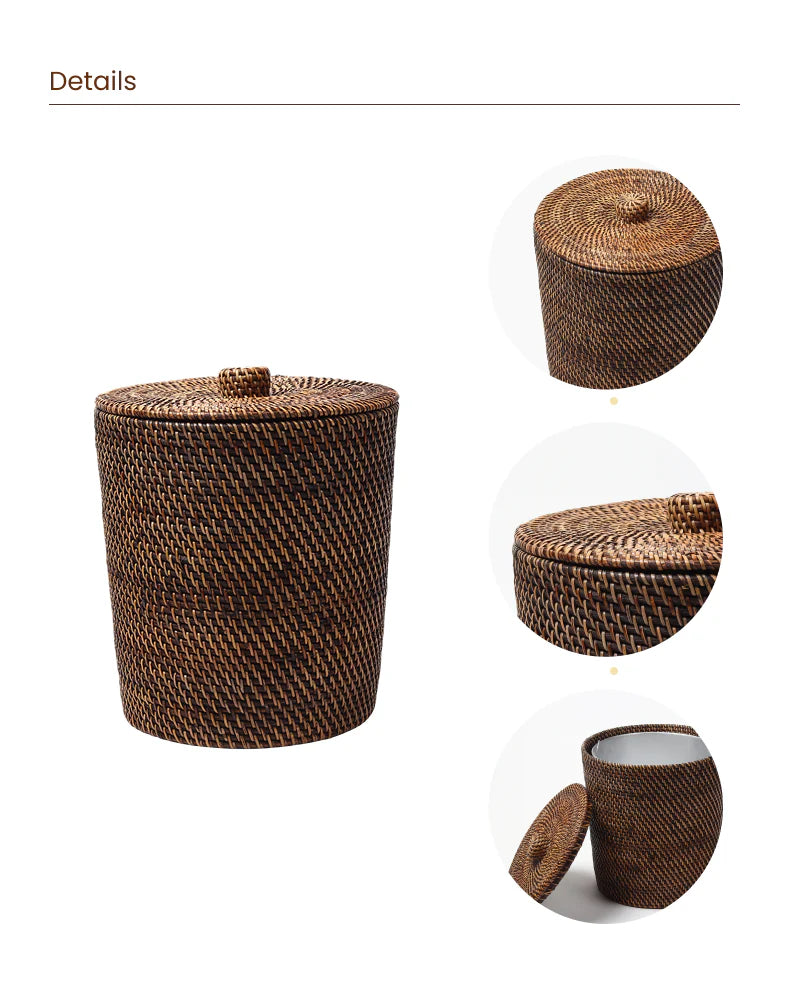 Rattan Dustbin Basket with Lid for Home and Bathroom