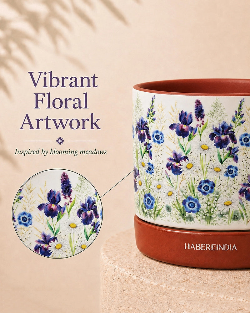 Floral Print Terracotta Planter with Under Plate (Multicolour)