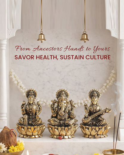 Pure Brass Laxmi Ganesh Sarasvati Idol Spiritual Showpiece