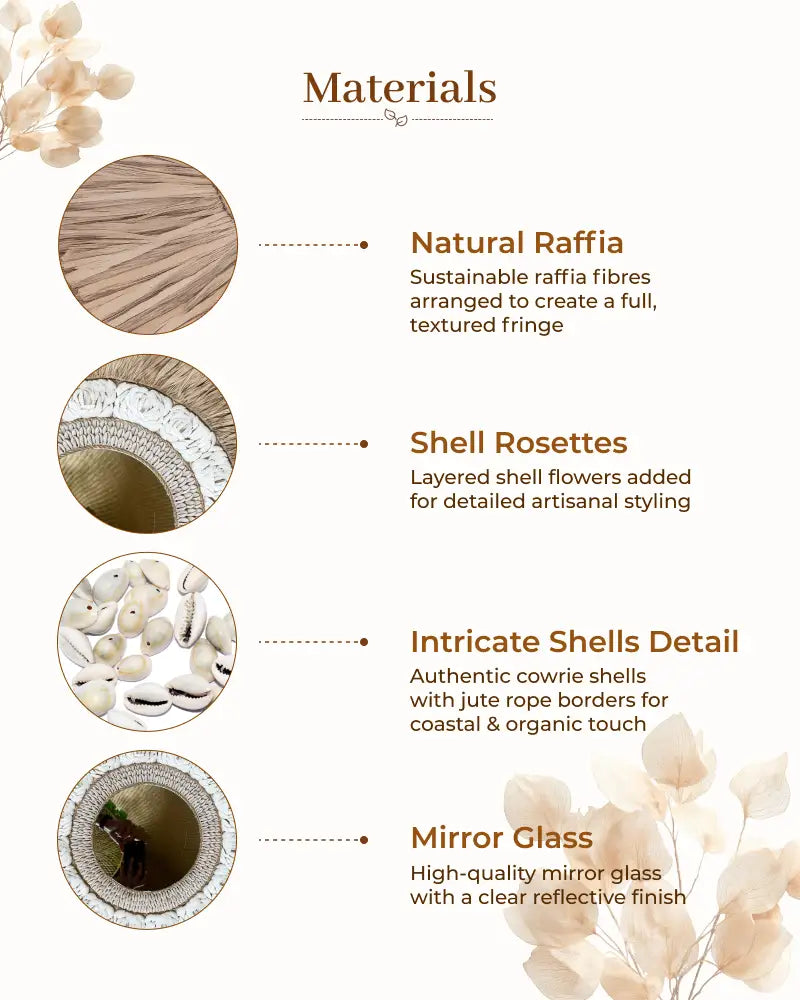 Eco Friendly Natural Raffia and Shell Boho Wall Mirror