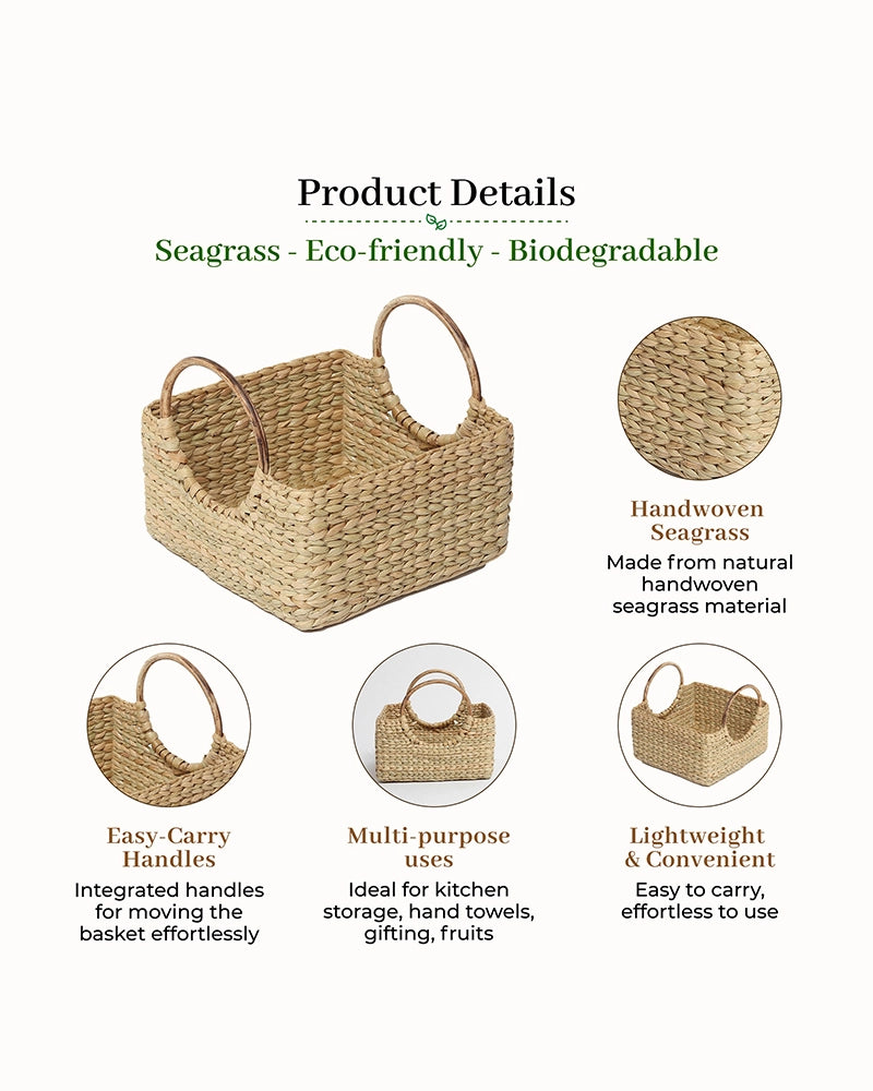 Handcrafted Cane Handle Seagrass Fruit Hamper Basket for Home Storage and Gifting