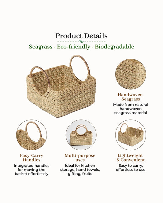 Handcrafted Cane Handle Seagrass Fruit Hamper Basket for Home Storage and Gifting