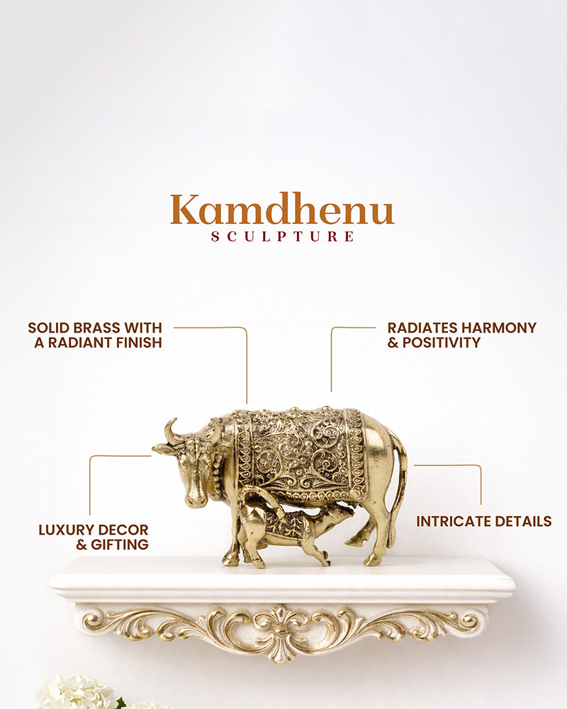 Pure Brass Kamdhenu Cow with Calf Idol for Home Temple and Pooja Room