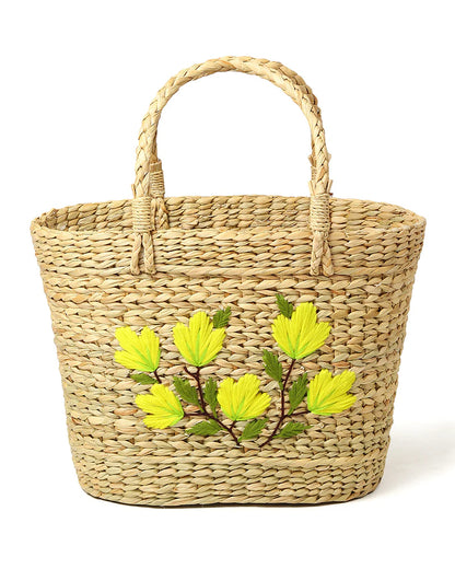 Handwoven Seagrass Embroidered Tote Bag for Market, Storage & Travel