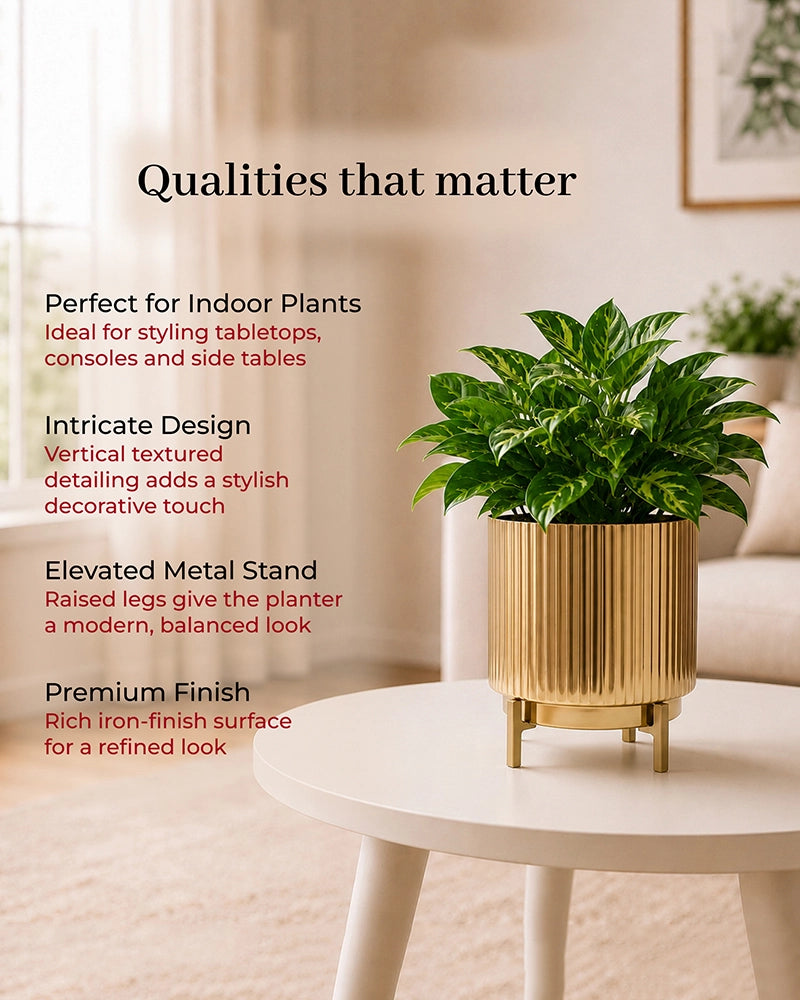 Hancrafted Fluted Metal Plant Pot with Stand for Living Room & Home Décor