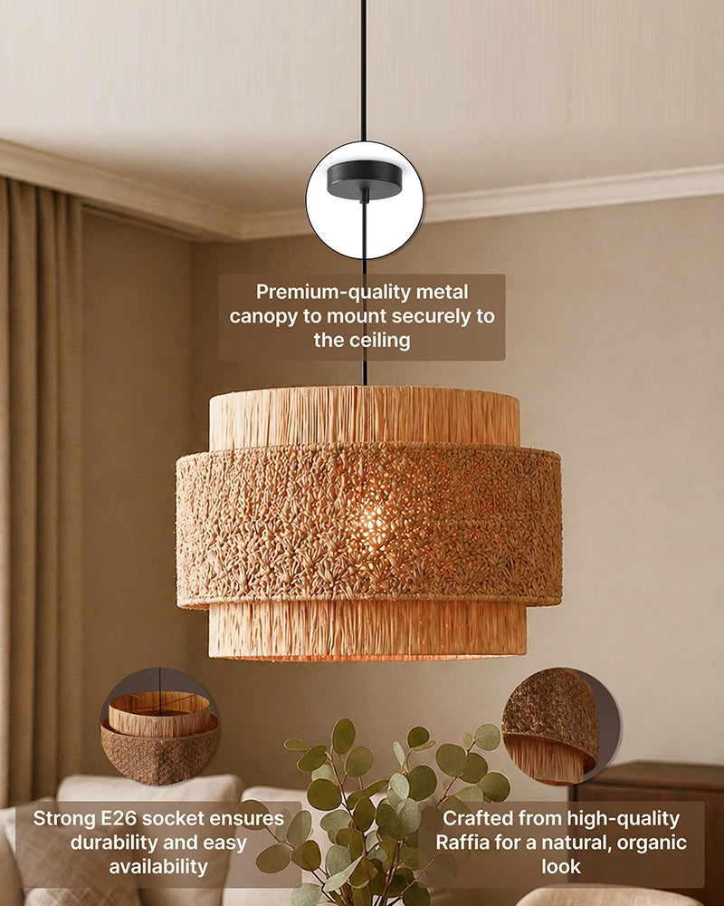 Raffia Drum Pendant Lamp for Living Room Bedroom & Boho Home Decor