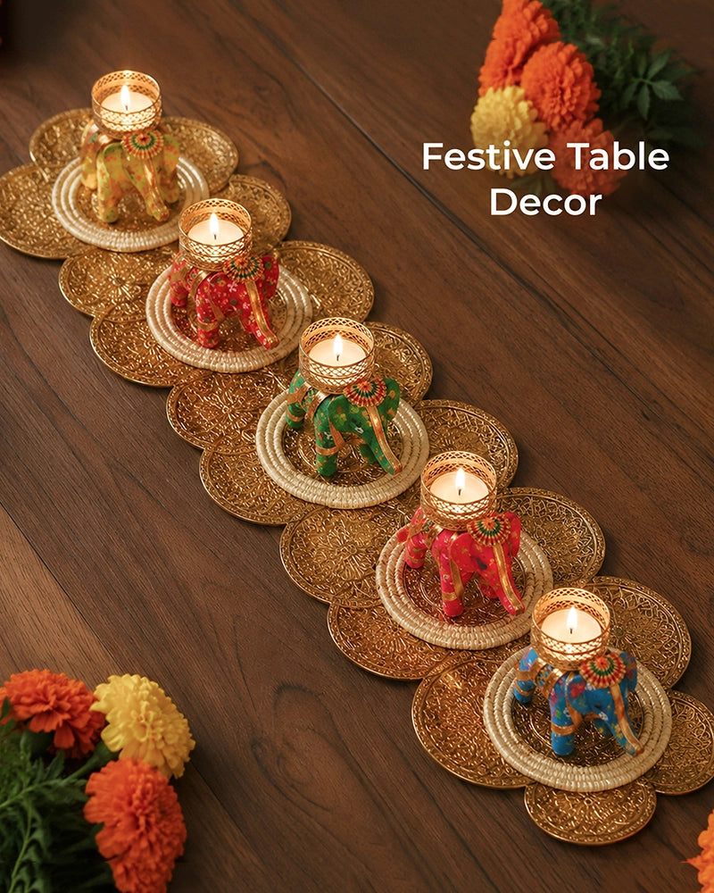 Rajasthani Elephant Tealight Holder for Living Room, Set of 5