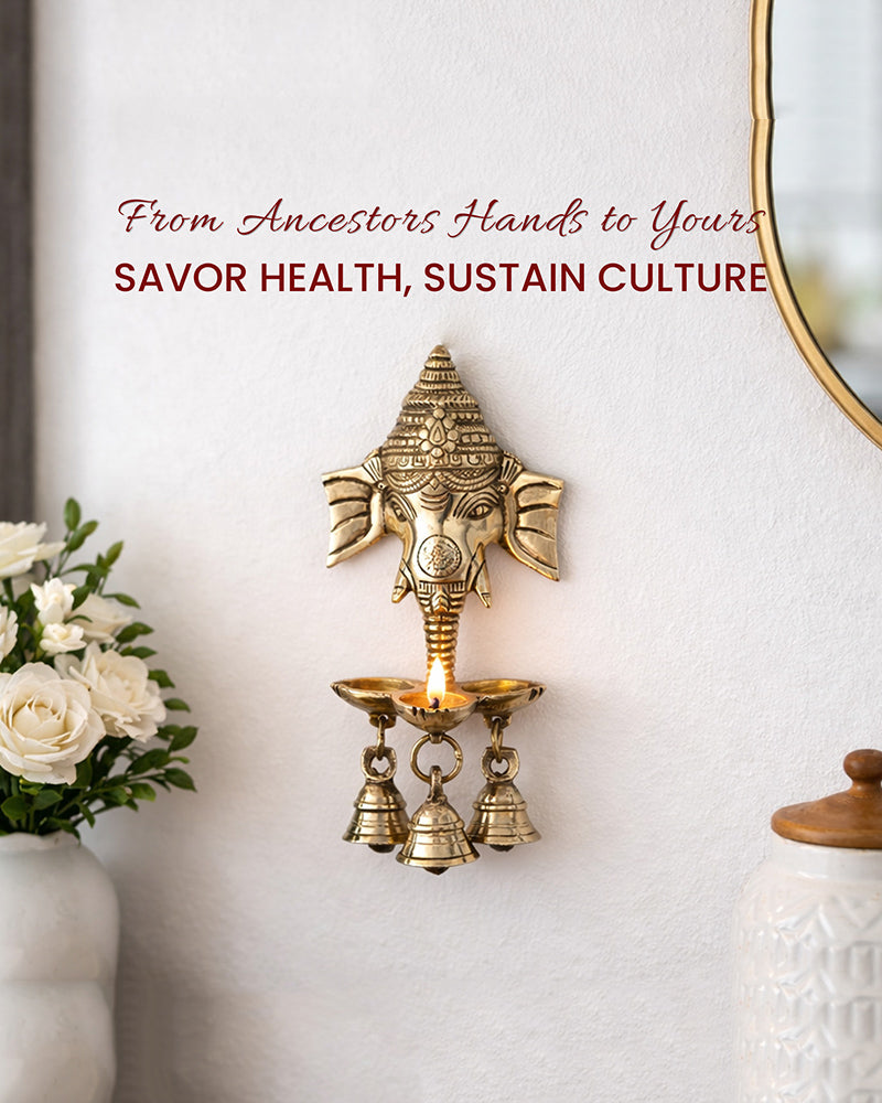 Ganesha Brass Wall Decor with Hanging Diyas and Bells for Mandir and Home