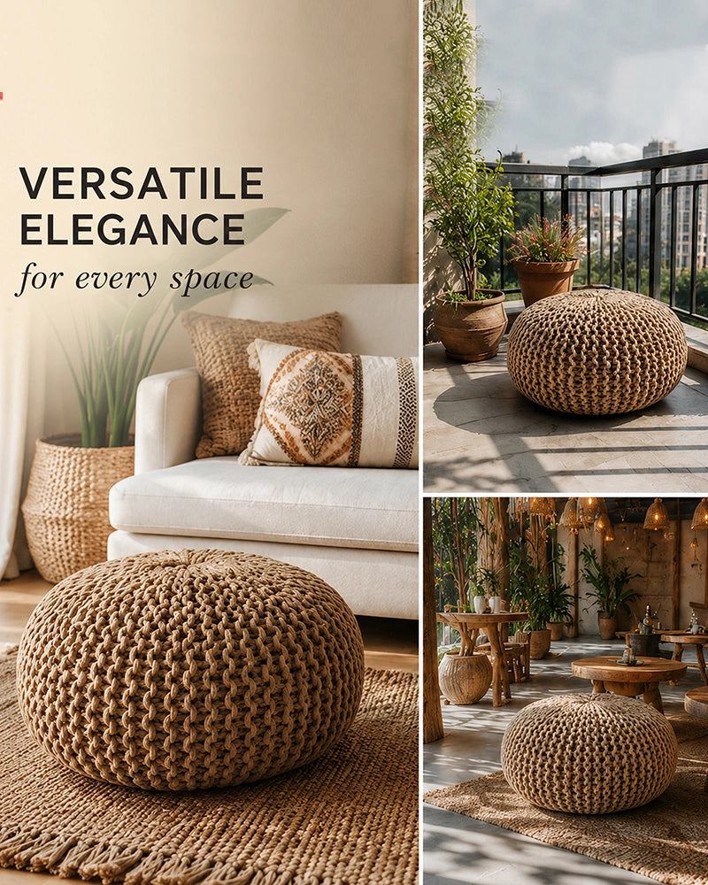Hand Knitted Beige Cotton Pouf Chunky Knit Round Ottoman Boho Footrest