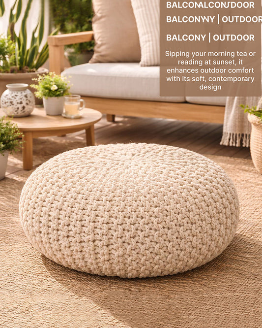 Handwoven Jute Round Pouffe in White for Living Room and Bedroom