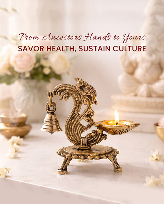 Traditional Brass Aarti Diya with Parrot Design with Hanging Bell