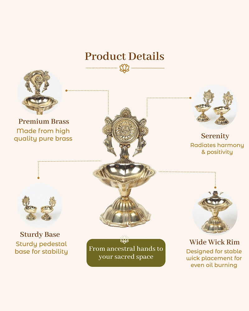 100% Pure Brass Decorative Handle Diya for Pooja Décor, Set of 2
