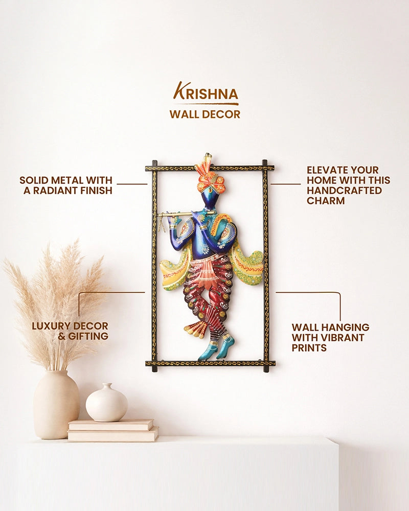 Handcrafted Metal Krishna Flute Playing Wall Hanging Showpiece