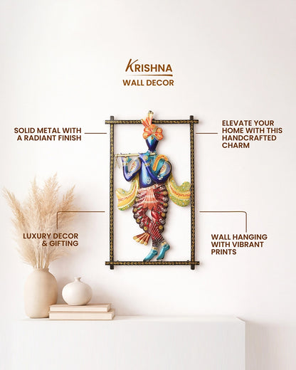 Handcrafted Metal Krishna Flute Playing Wall Hanging Showpiece