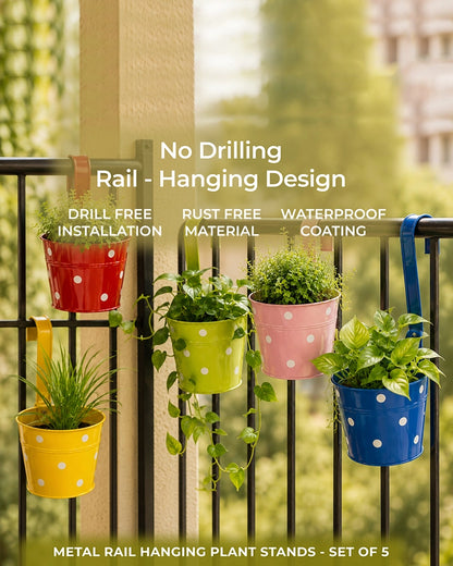 Metal Rail Hanging Plant Stand Set of 5 for Balcony Garden