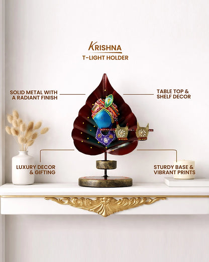 Handcrafted Metal Peepal Leaf Krishna Tealight Holder Showpiece