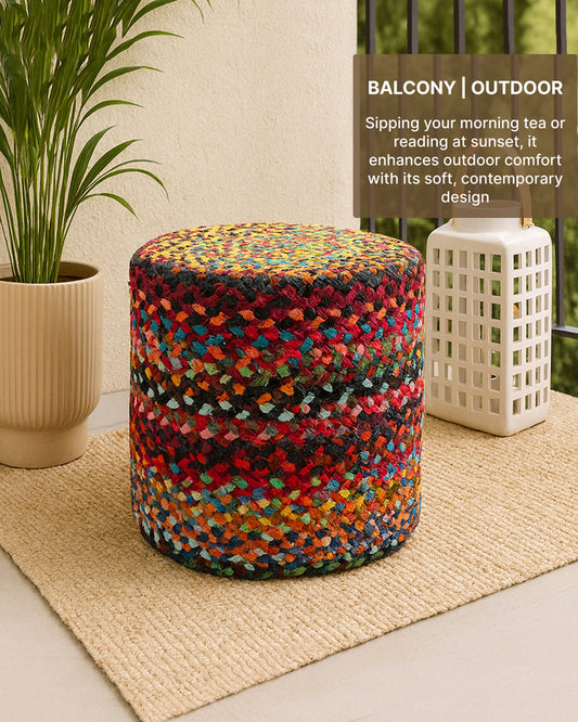 Handwoven Jute Round Pouffe in Multicolor for Living Room - Large
