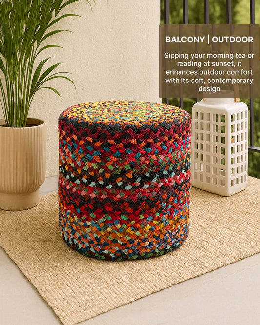 Handwoven Jute Round Pouffe in Multicolor for Living Room - Large