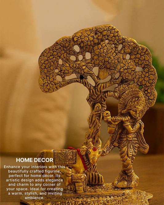 Krishna Idol with Cow and Calf Under Tree, Flute-Playing Lord Krishna Statue for Home Decor