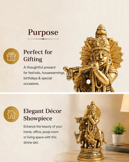Lord Krishna Playing Flute with Cow Brass Idol
