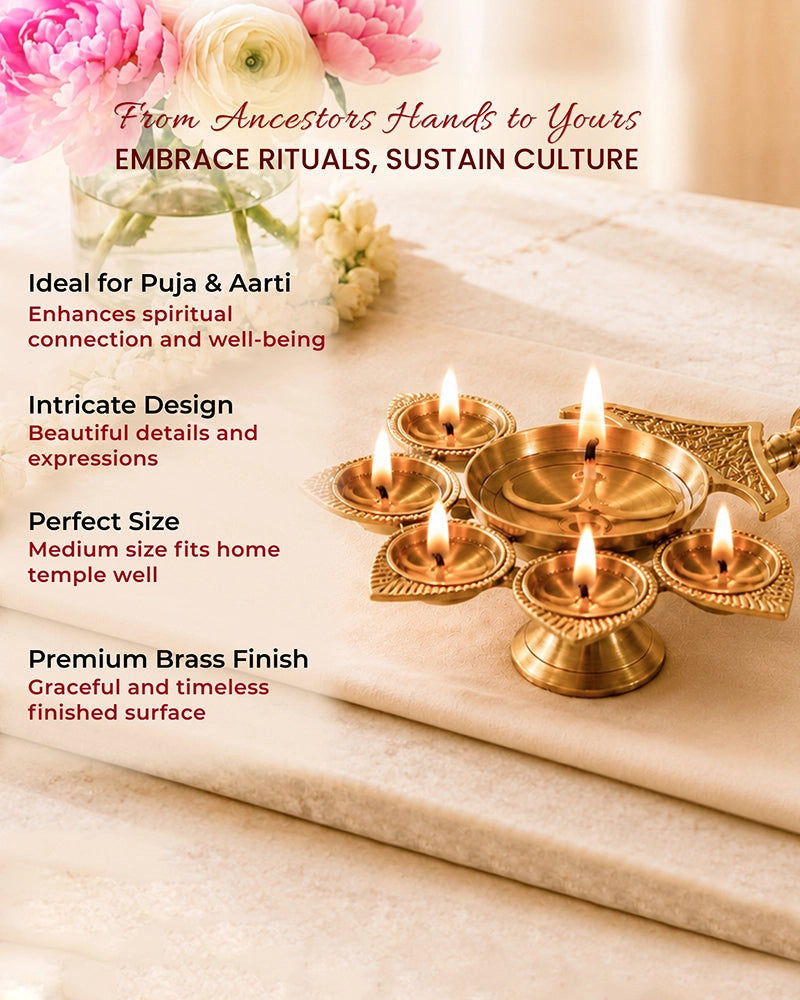 100% Pure Brass Panchdeep Aarti Diya for Pooja Room, Spiritual Puja