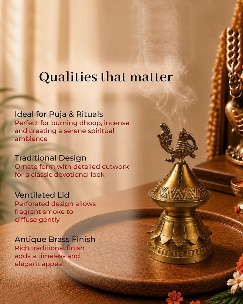 100% Pure Brass Peacock Dhoop Dani For Aarti and Puja