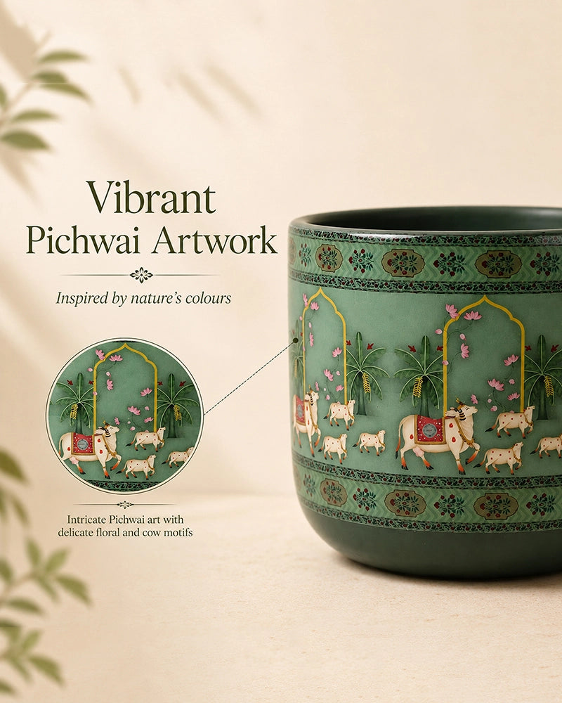 Hand Painted Pichwai Cow Motif Terracotta Plant Pot (Green)