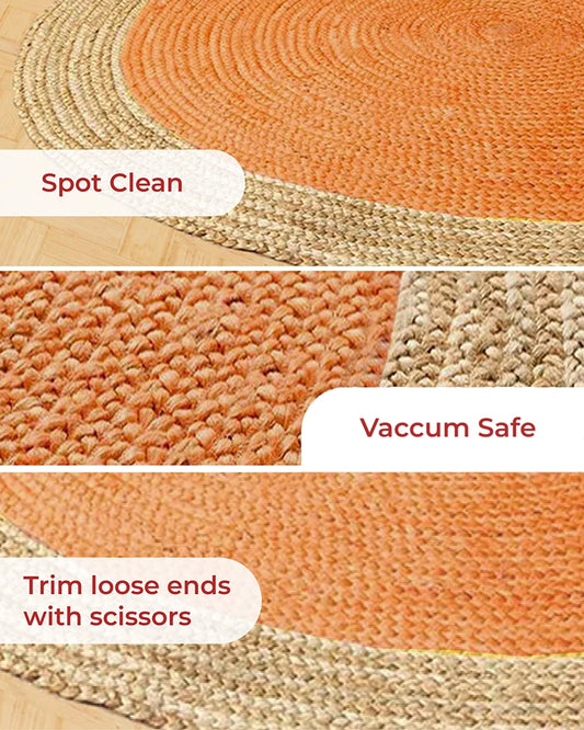 Handcrafted Natural Yellow Round Jute Carpet For Dining Space