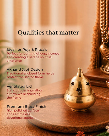 100% Pure Brass Akhand Diya with Star-Cut Dome Lid