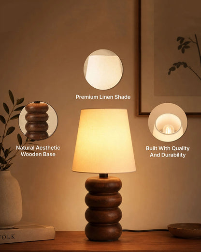 Handcrafted Wooden Table Lamp Textured Linen Shade Warm Light