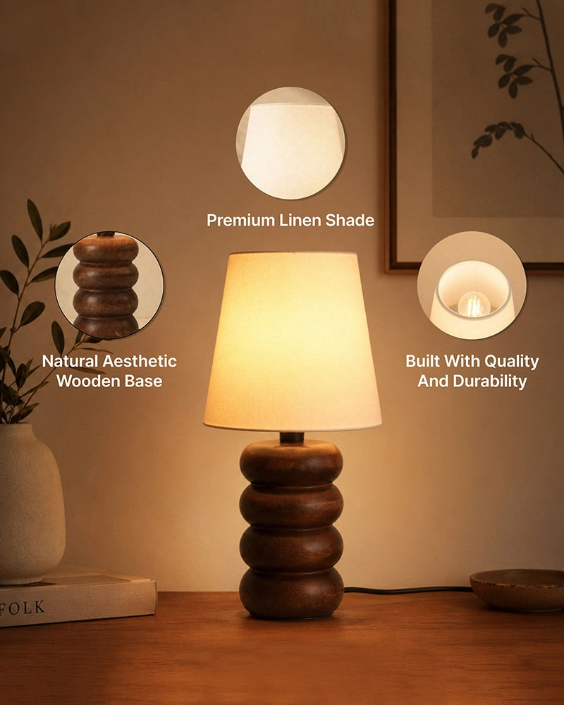 Handcrafted Wooden Table Lamp Textured Linen Shade Warm Light
