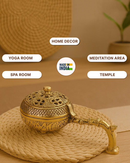 Decorative Brass Dhoopdani for Aarti, Meditation, and Home Temple Aromatic Rituals