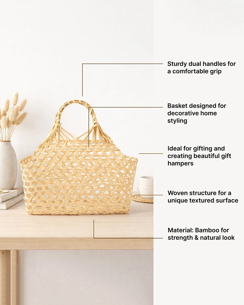 Bamboo Storage Basket with Sturdy Handle for Fruits and Vegetables