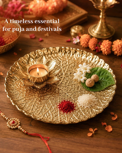 Premium Lotus Pooja Thali with Tea Light Holder for Festive Pooja & Gifting