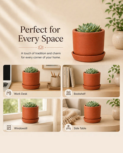Terracotta Plant Pot with Tray for Gardening, Home Décor, Set of 3