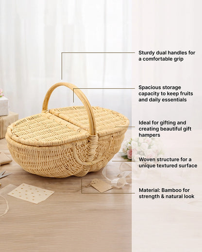 Handcrafted Cane Picnic Basket with Lid for Outdoor and Travel Use