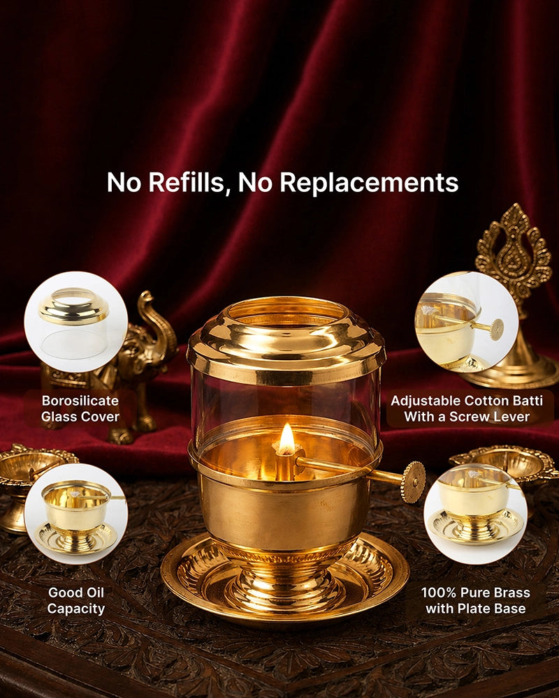 100% Pure Brass Akhand Jyot Diya with Adjustable Bati Knob with Glass Cover