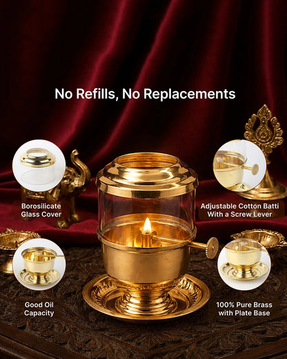 100% Pure Brass Akhand Jyot Diya with Adjustable Bati Knob with Glass Cover